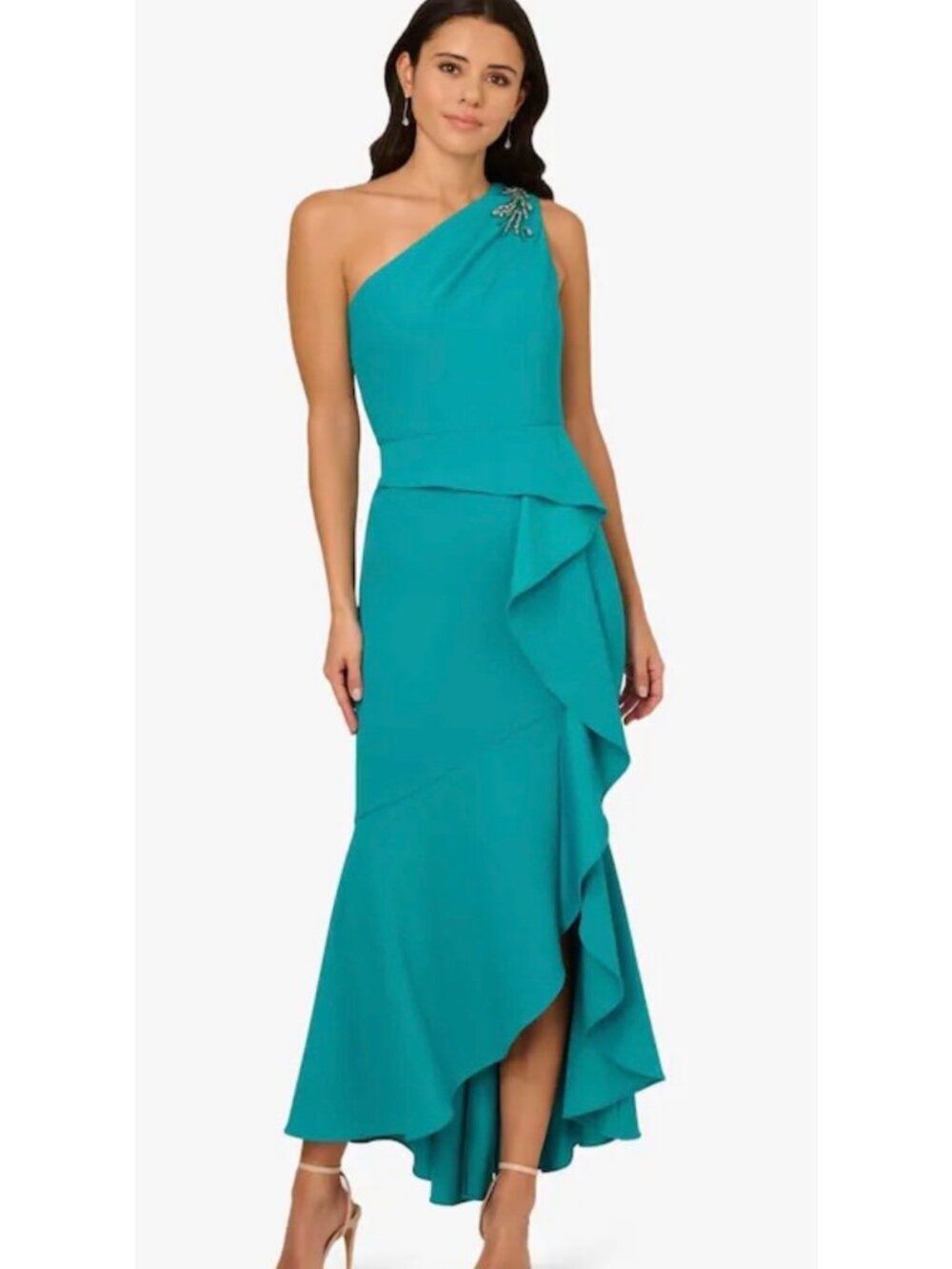 Papell Studio Women's Beaded One Shoulder Ruffle Crepe Dress Size 6